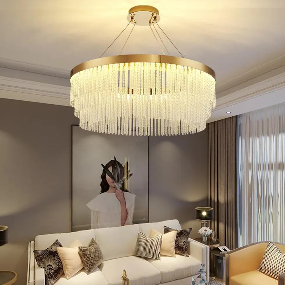 Gold Statement Pendant Light For Living Room Colon Metal & Crystal Led