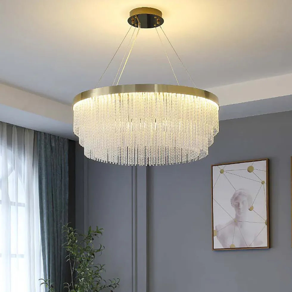 Gold Statement Pendant Light For Living Room Colon Metal & Crystal Led