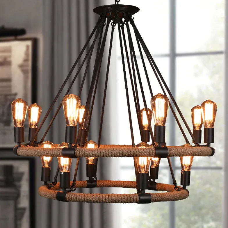 Black Statement Pendant Light For Living Room Epoch Metal & Rope Without Bulbs