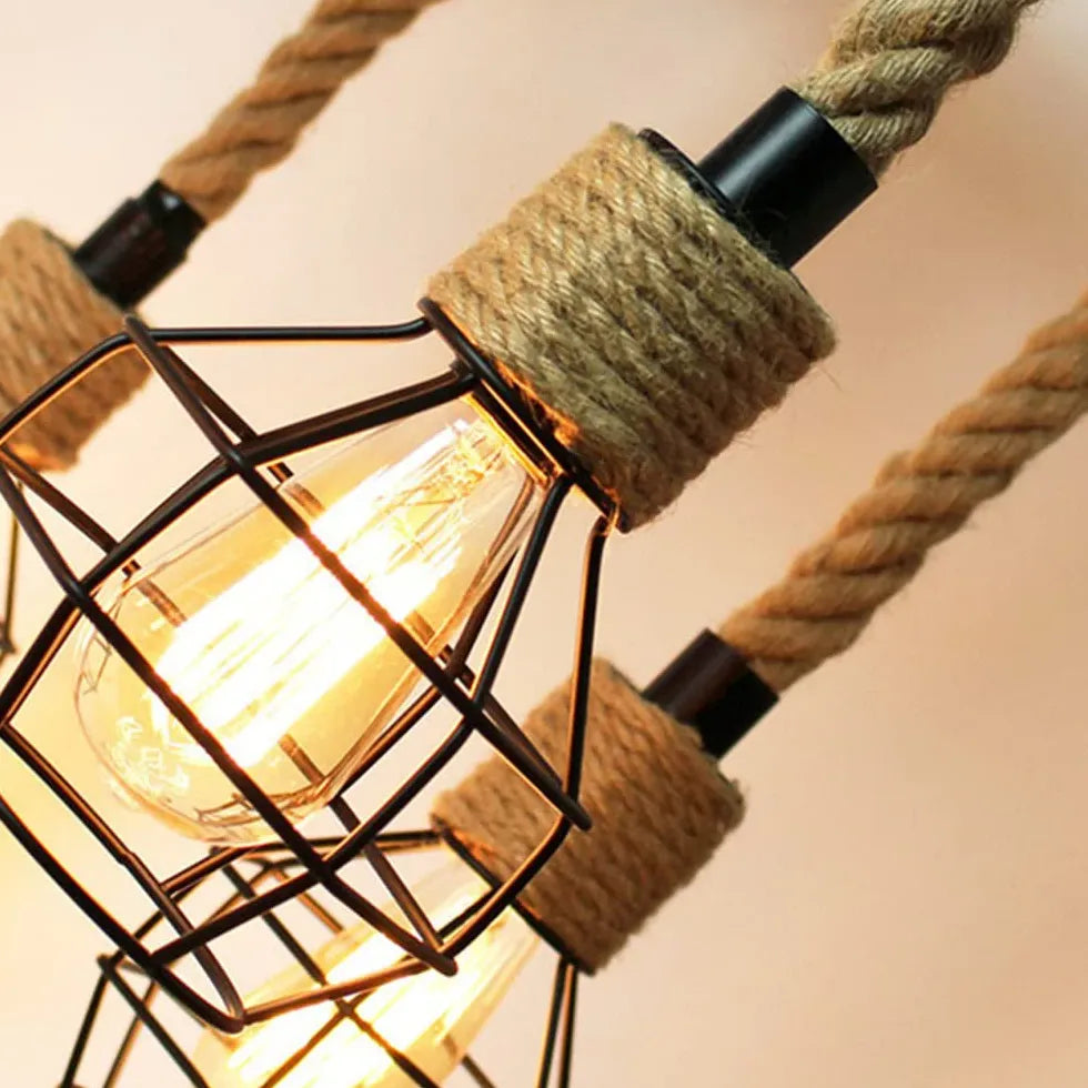 Black Statement Pendant Light For Living Room Epoch Metal & Rope Ip20 Without Bulbs