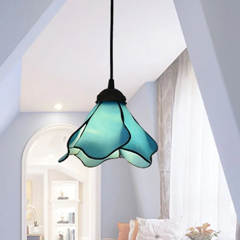 Blue Light Single Pendant For Bedroom Felicie Metal & Stained Glass Led