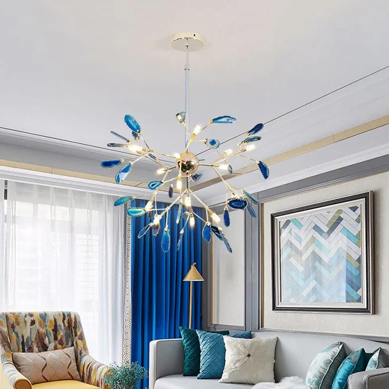 Blue Statement Pendant Light For Bedroom Javon Metal & Agate Led Without Bulbs