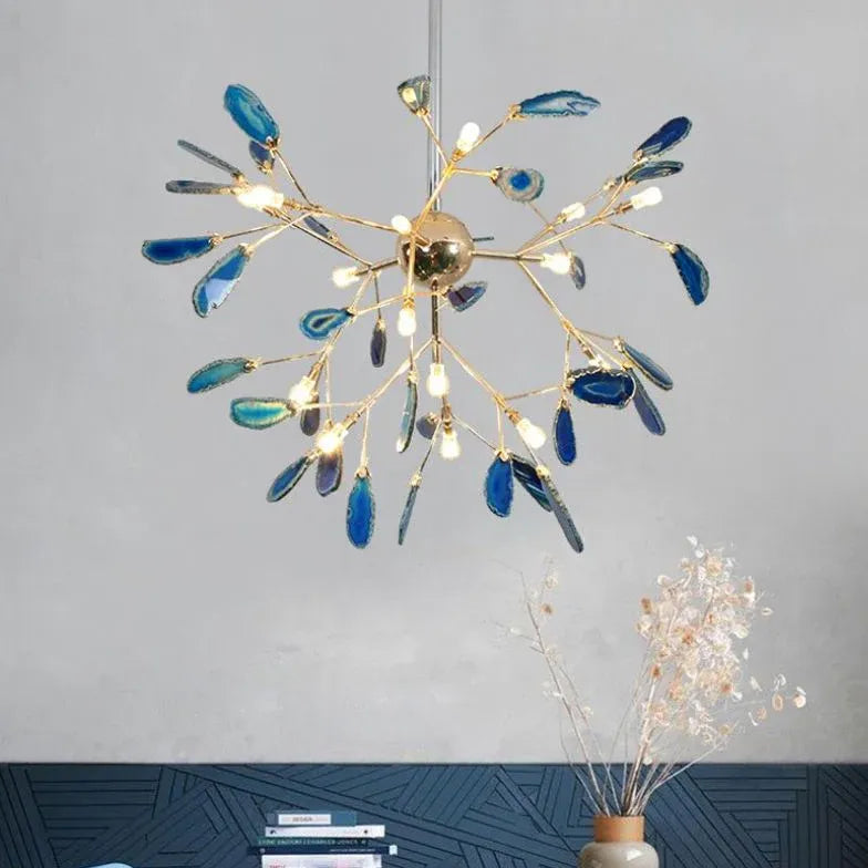 Blue Statement Pendant Light For Bedroom Javon Metal & Agate Led Without Bulbs