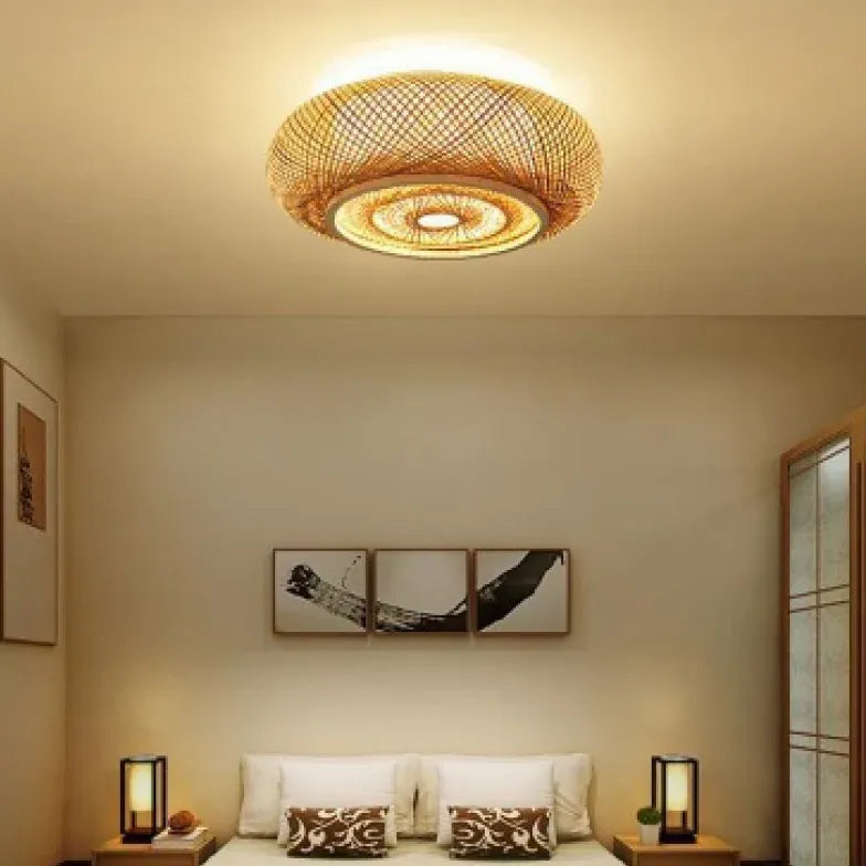 Muto Rattan Woven Rustic Led Flush Mount Light