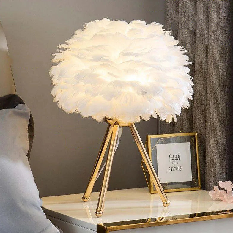 White Shape Table Lamp For Bedroom Modern Metal & Feather Led Plug Uk Or Eu