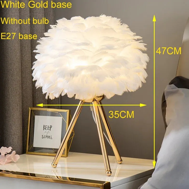 White Shape Table Lamp For Bedroom Modern Metal & Feather Led Plug Uk Or Eu