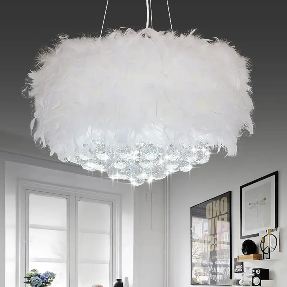 White Statement Pendant Light For Bedroom Round O'moore Metal & Feather